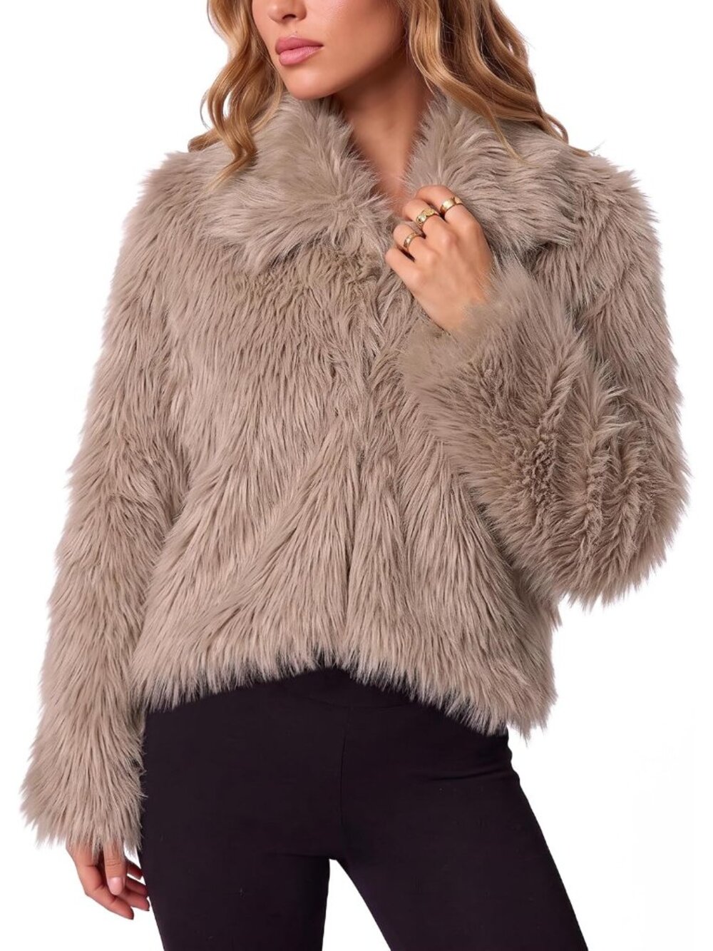 Women's Khaki 100% Polyester Faux Fur Cozy Collared V-Neck Shaggy Crop Coats